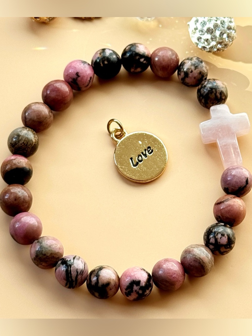 Faith & Love Rhodochrosite Bracelet Rose Quartz Cross Confidence Healing Jewelry